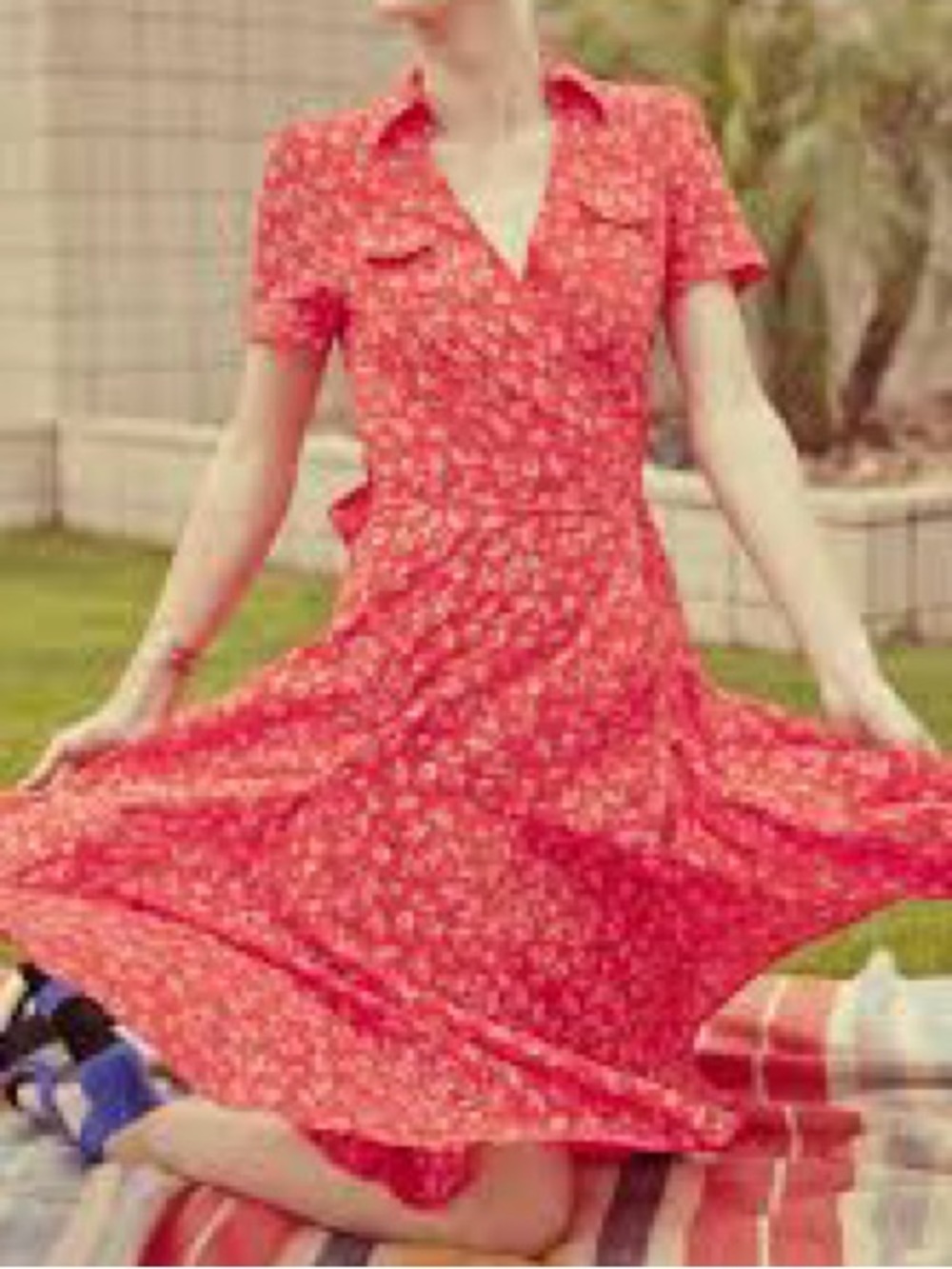 Shabby Apple Vintage Inspired Coral Red Floral wrap Midi Dress Sz 10/12